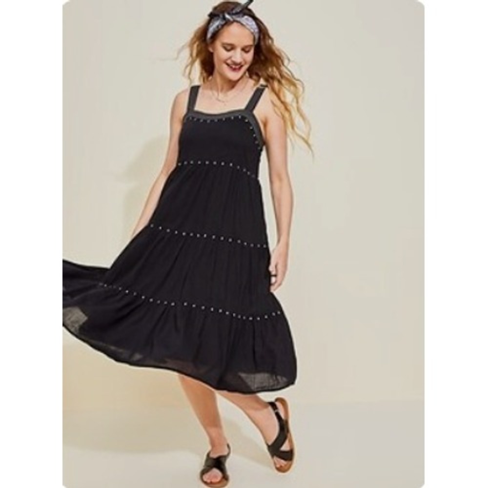 Old Navy Womens Black Tiered Embroidered Midi Swing Dress L Boho Cottagecore